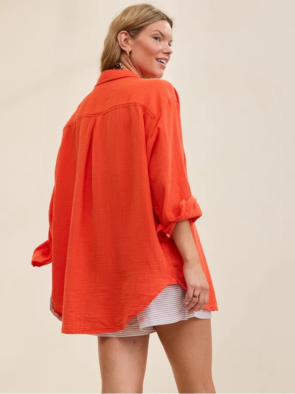 NWT Aerie Orange Double Gauze Oversized Button-Up Shirt Medium 100 Cotton